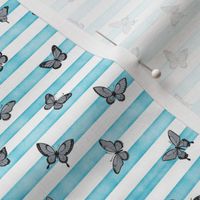 Micro Grey Butterflies on Sky Blue Stripes