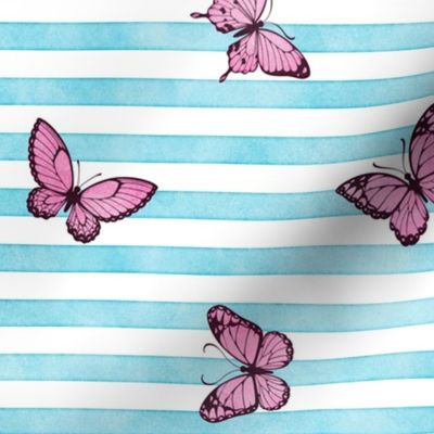 Pink Butterflies on Sky Blue Stripes
