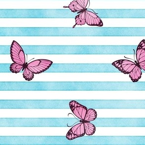 Pink Butterflies on Sky Blue Stripes