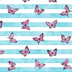 Small Pink Butterflies on Sky Blue Stripes