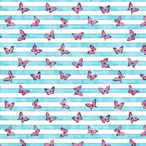 Micro Pink Butterflies on Sky Blue Stripes