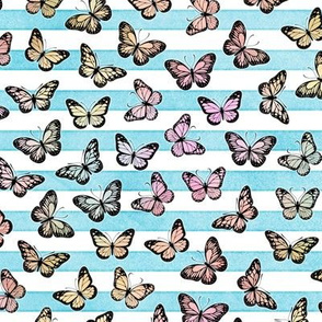 Small Pastel Rainbow Butterflies on Sky Blue Stripes