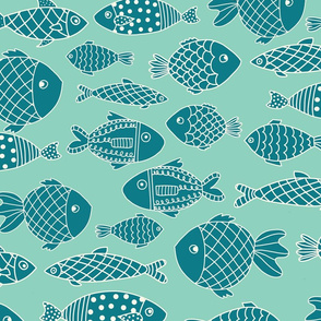 Teal Fishes On Turquoise - Large