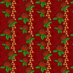 Big Hawaii Ohia Lehua red with kalo leaves and mauna triangles