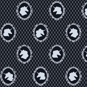 Small Unicorn Cameo Portrait Pattern on Midnight Black