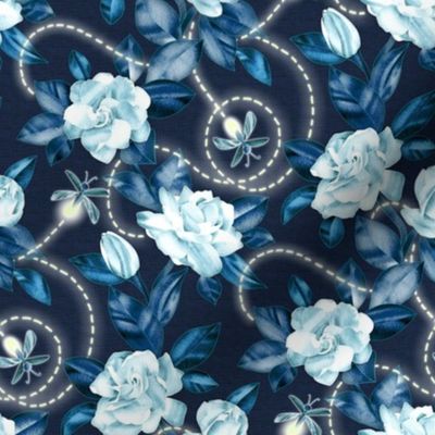 Flowers and Fireflies - midnight sapphire blue small print