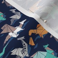 Tiny scale // Origami dragon friends // oxford navy blue background aqua orange grey and taupe fantastic creatures