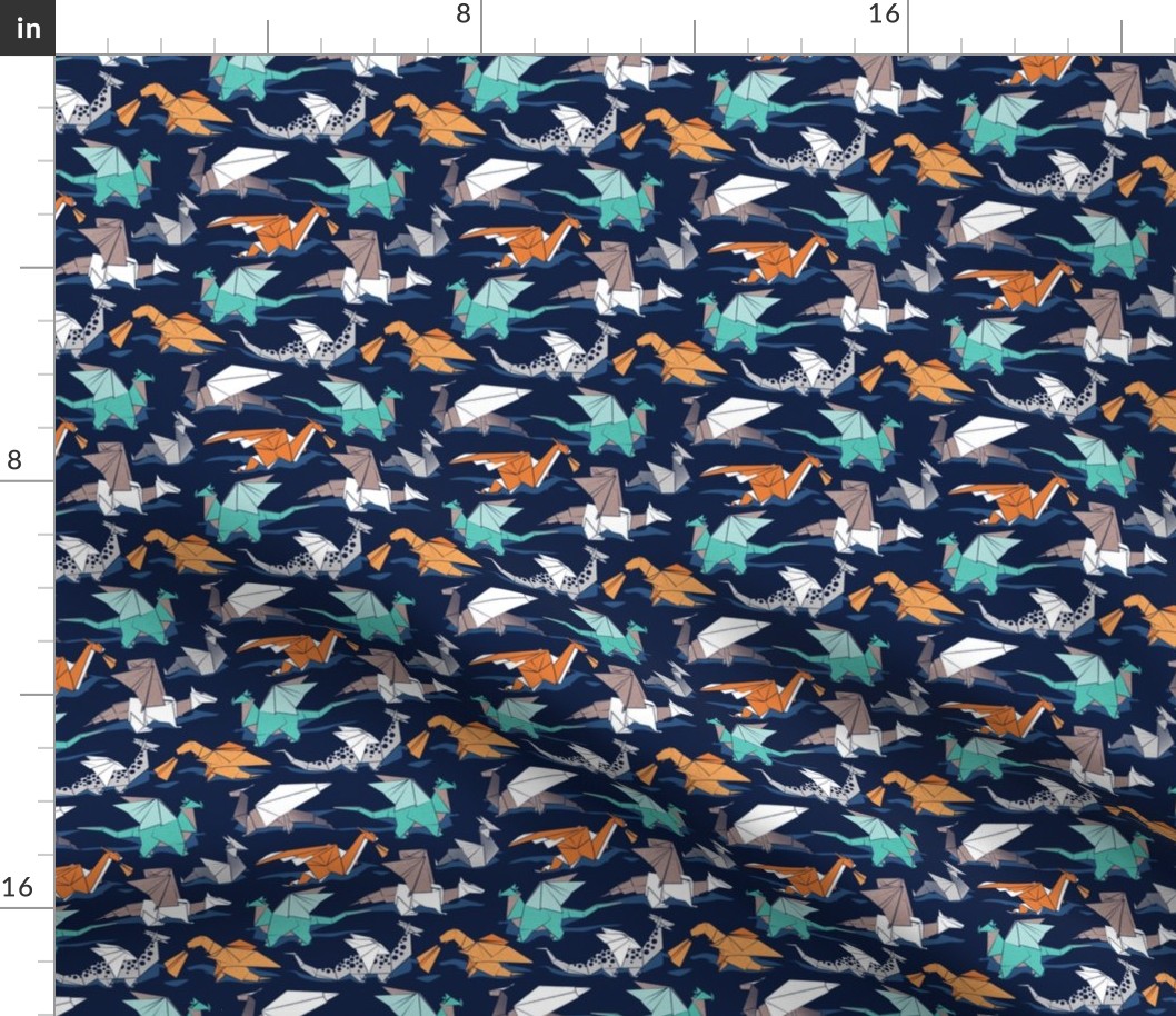 Tiny scale // Origami dragon friends // oxford navy blue background aqua orange grey and taupe fantastic creatures