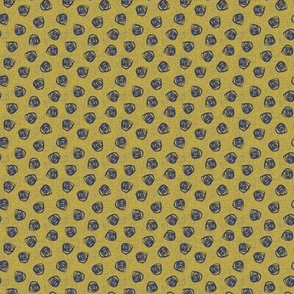 mustard and blue "polkadot roses" on mustard linen