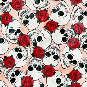 skulls and roses - halloween skeletons - red on pink - LAD20