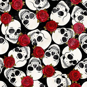skulls and roses - halloween skeletons - red on black (gold leaves) - LAD20