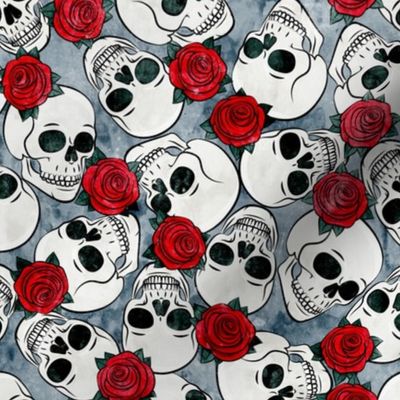 skulls and roses - halloween skeletons - red on blue - LAD20