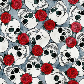 skulls and roses - halloween skeletons - red on blue - LAD20