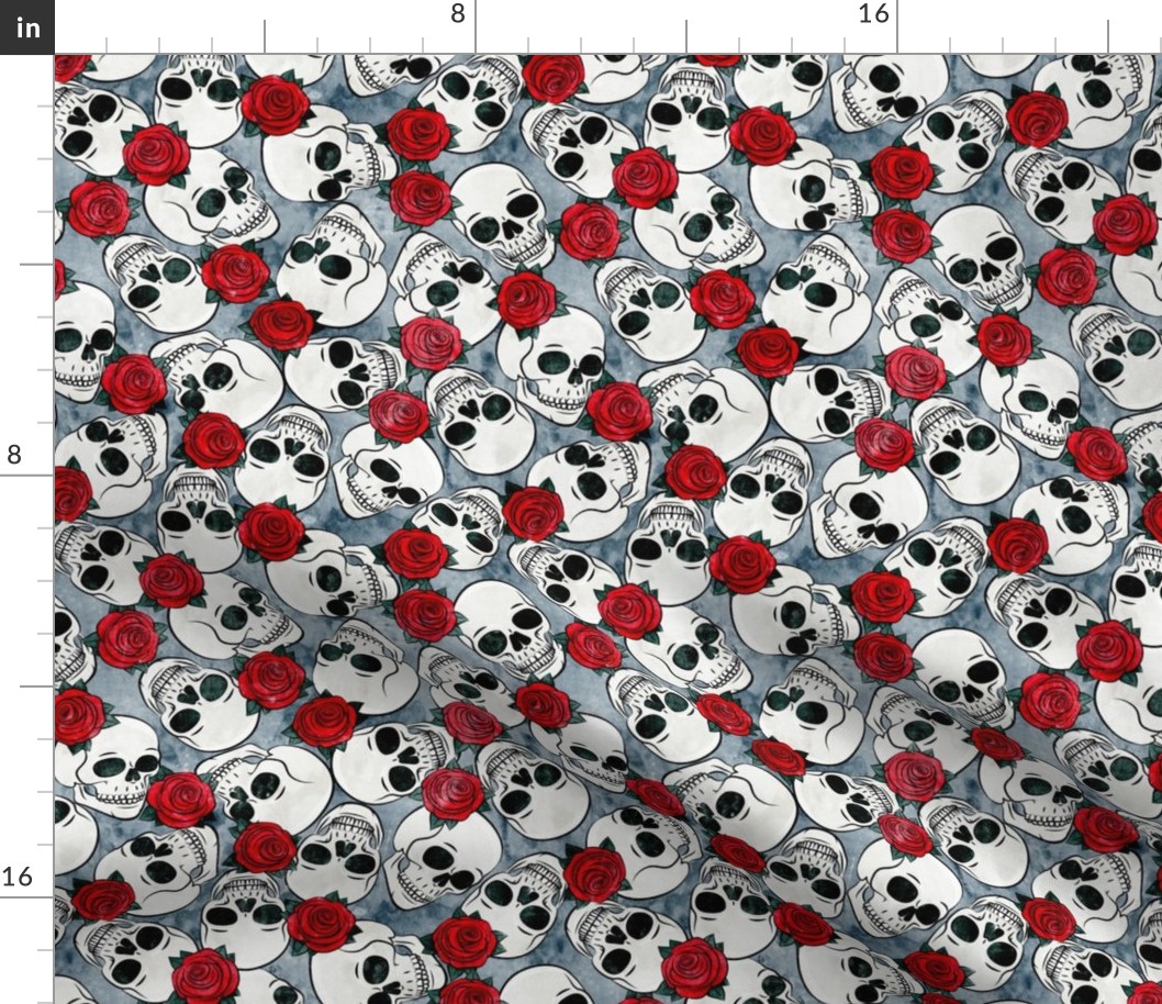 skulls and roses - halloween skeletons - red on blue - LAD20