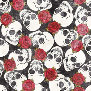 skulls and roses - halloween skeletons - red on black distressed - LAD20