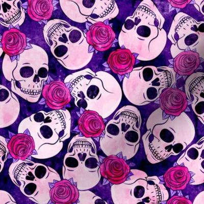 skulls and roses - halloween skeletons - pink on purple - LAD20