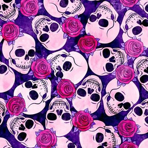 skulls and roses - halloween skeletons - pink on purple - LAD20