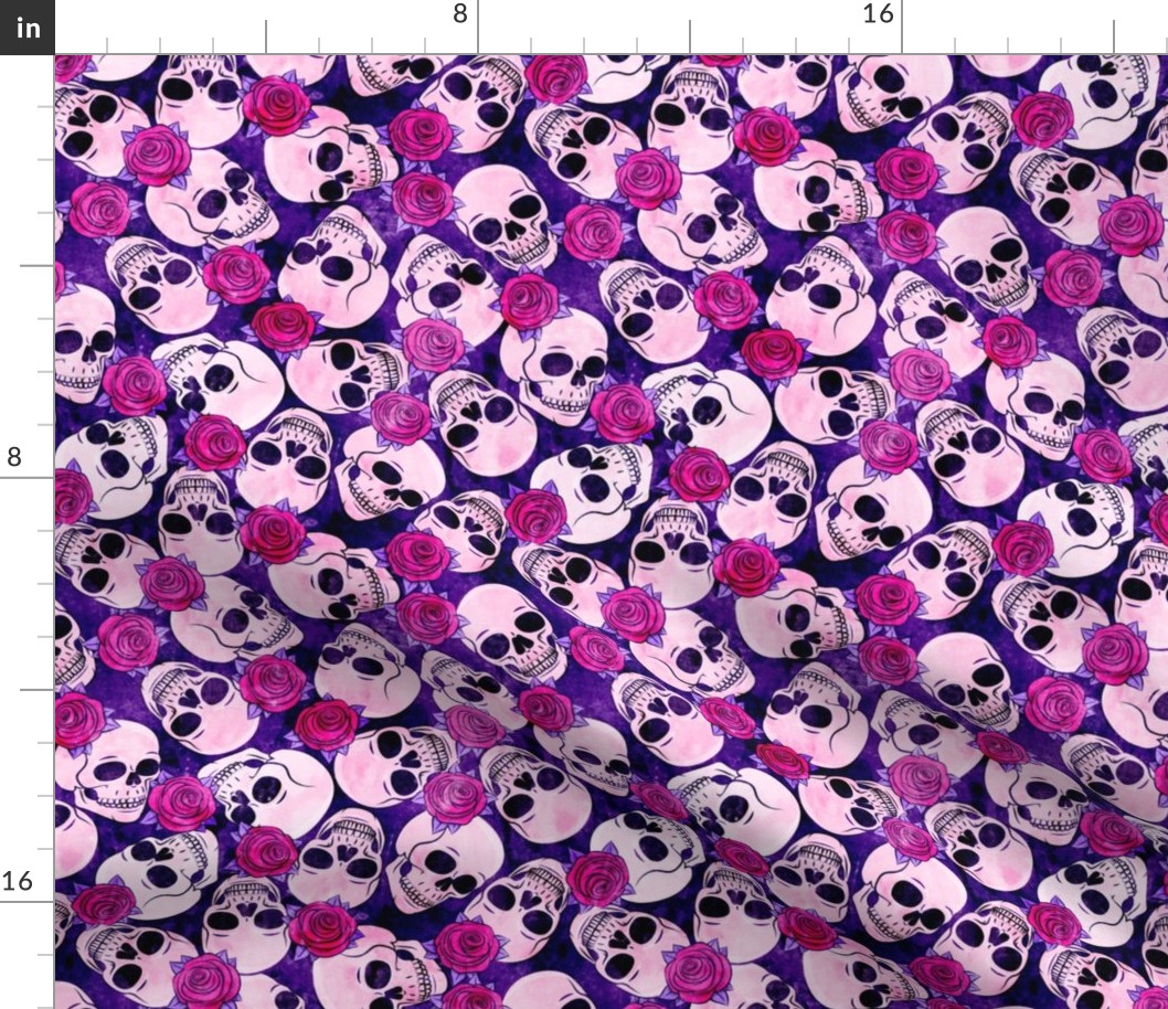 skulls and roses - halloween skeletons - pink on purple - LAD20