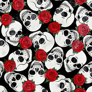 skulls and roses - halloween skeletons - red on black - LAD20