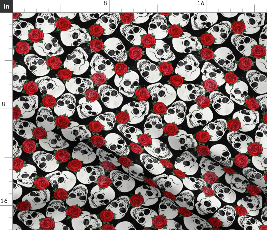 skulls and roses - halloween skeletons - red on black - LAD20