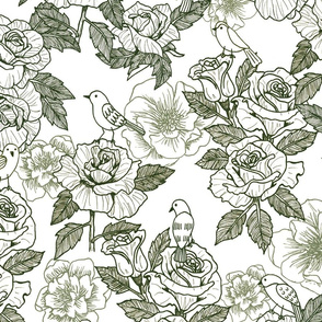 birds and roses toile - dark green