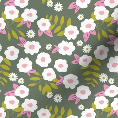 Daisies and buttercup lilies boho garden summer camo line green pink white