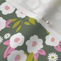 Daisies and buttercup lilies boho garden summer camo line green pink white