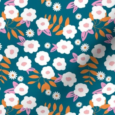 Daisies and buttercup lilies boho garden summer navy blue orange pink