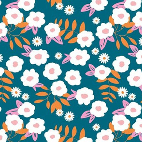 Daisies and buttercup lilies boho garden summer navy blue orange pink