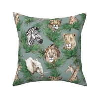 Jungle animal heads with frond on eucalyptus mint