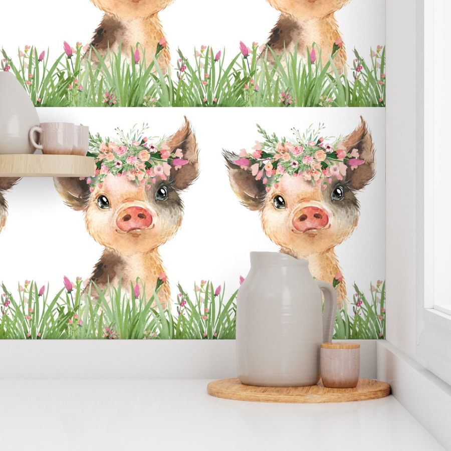  27x36" baby piggie with grass and flowers and floral wreath - two panel