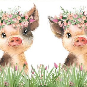  27x36" baby piggie with grass and flowers and floral wreath - two panel