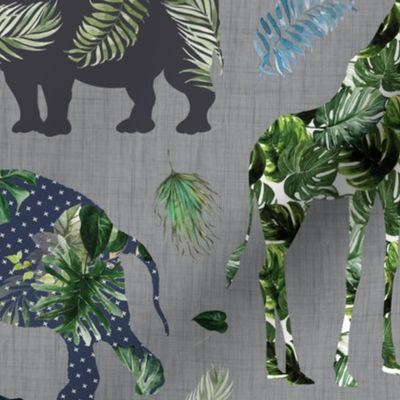 Tropical leaves patchwork safari animals on gray linen background