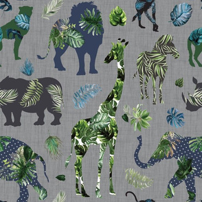 Tropical leaves patchwork safari animals on gray linen background