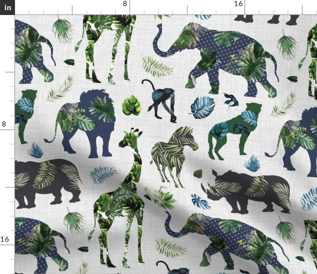 Tropical leaves patchwork safari animals on light gray linen background