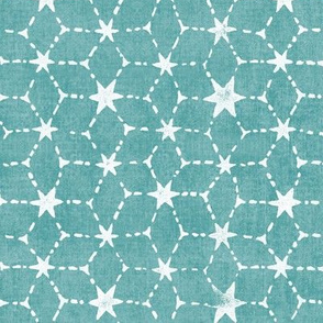 Constellations Block Print in Turquoise Blue (xl scale) | Geometric stars fabric, Moroccan tile pattern, blue green boho print.
