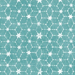 Constellations Block Print in Turquoise Blue (large scale) | Geometric stars fabric, Moroccan tile pattern, blue green boho print.