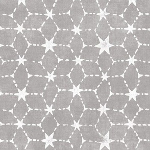 Constellations Block Print in Warm Grey (xl scale) | Geometric stars fabric, Moroccan tile pattern, soft grey boho print.