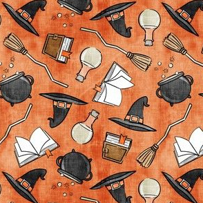(small scale) witches spell - halloween witch fabric - cauldron , broom, spell book, potion, hat - distressed orange - LAD20