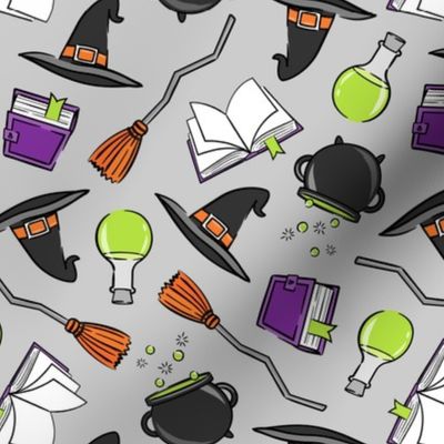 witches spell - halloween witch fabric - cauldron , broom, spell book, potion, hat - orange and green on grey - LAD20