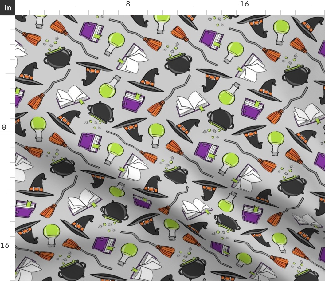 witches spell - halloween witch fabric - cauldron , broom, spell book, potion, hat - orange and green on grey - LAD20