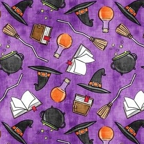 (small scale) witches spell - halloween witch fabric - cauldron , broom, spell book, potion, hat - distressed purple - LAD20
