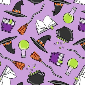 witches spell - halloween witch fabric - cauldron , broom, spell book, potion, hat - light purple - LAD20