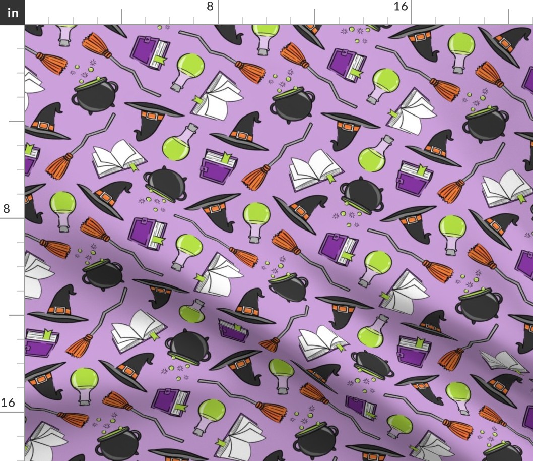 witches spell - halloween witch fabric - cauldron , broom, spell book, potion, hat - light purple - LAD20