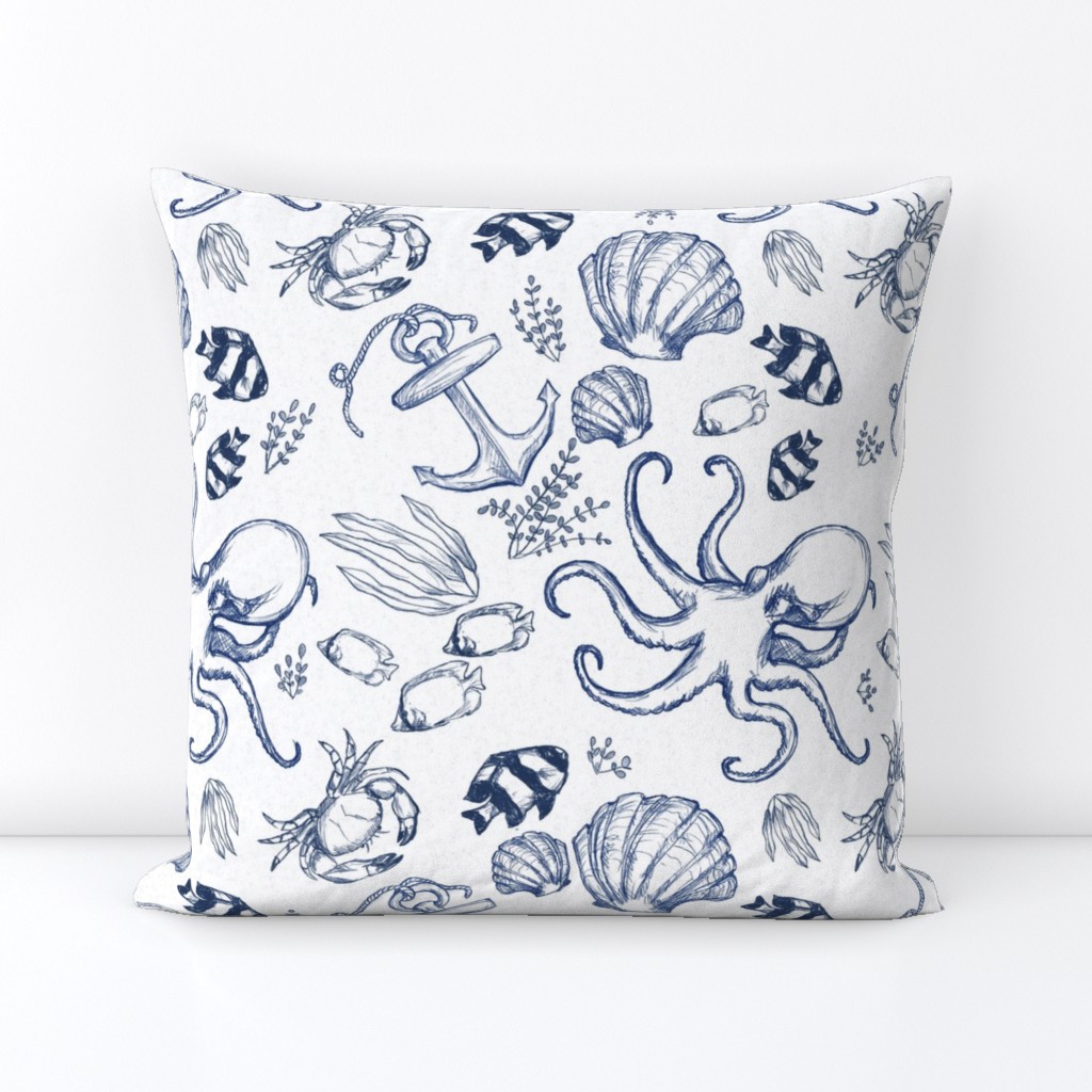 Ocean Under the Sea Sketch Ink and Pen Blue on White Nautical Beach House Simple Illustrated Design