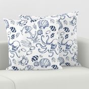 Ocean Under the Sea Sketch Ink and Pen Blue on White Nautical Beach House Simple Illustrated Design