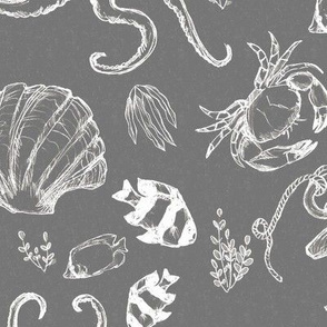 Ocean Under the Sea Sketch White Chalk on Gray Nautical Beach House Simple Illustrated Design