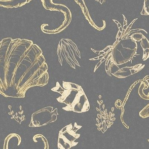 Ocean Under the Sea Sketch Yellow Chalk on Gray Nautical Beach House Simple Illustrated Design