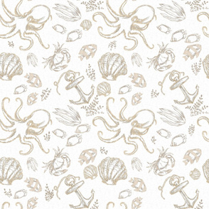 Ocean Elegant Under the Sea Sketch Gold on White Nautical Beach House Simple Illustrated Design