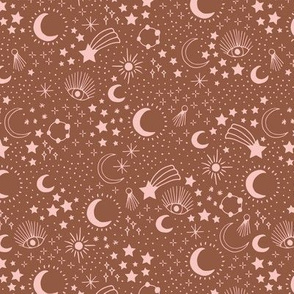 Mystic Universe party sun moon phase and stars sweet dreams rust brown pink